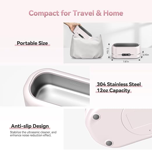 Ultrasonic Jewelry Cleaner, Upgraded 48KHz Ultrasonic Cleaner Machine with 304 Stainless Steel for Jewelry, Eyeglasses, Rings, Dentures, Watch Strap(Light Pink)