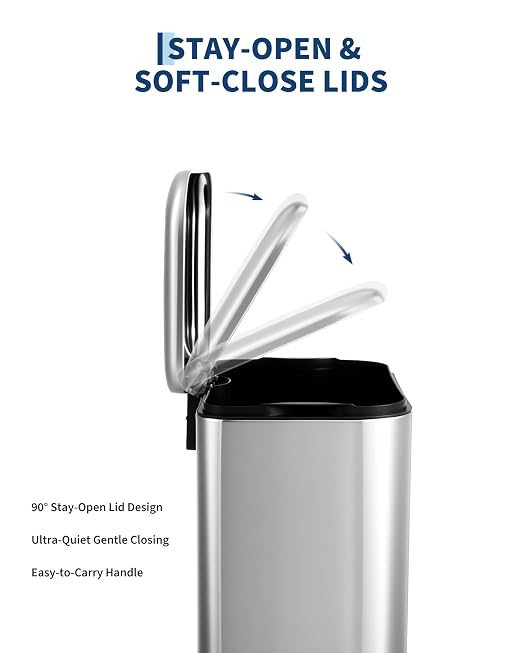 IDEALHOUSE 13 Gallon / 50L Stainless Steel Step Trash Can - Hands-Free Waste Bin with Soft-Close Lid, Removable Inner Bucket, Rectangular Design for Kitchen, Home, Office & Bathroom, Stainless Steel