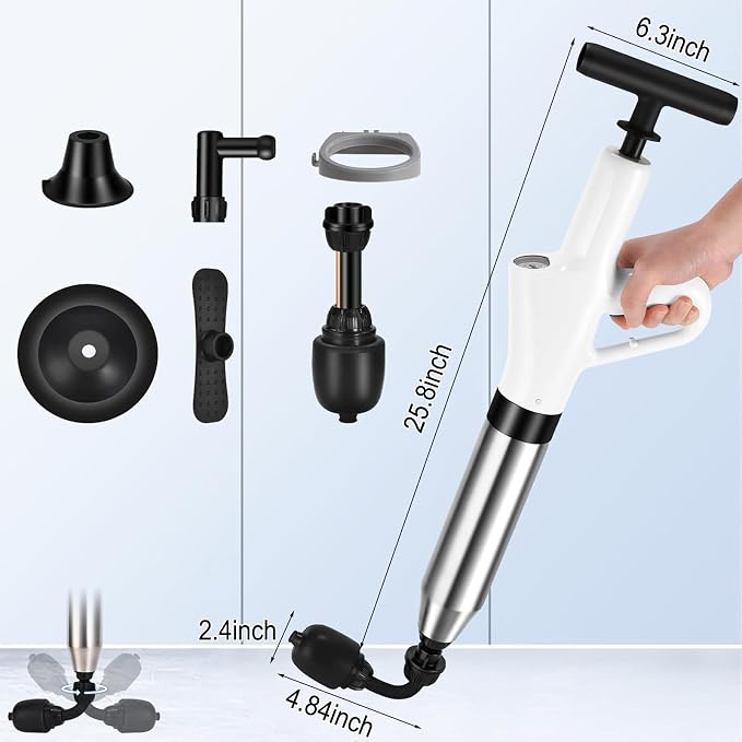High Pressure Air Drain Blaster, Drain Plunger Equipped with 360° Rotating Elbow/Base High-Pressure Air Plunger Kit for Unclogging Toilets/Sinks/Bathtubs/Floor Drains