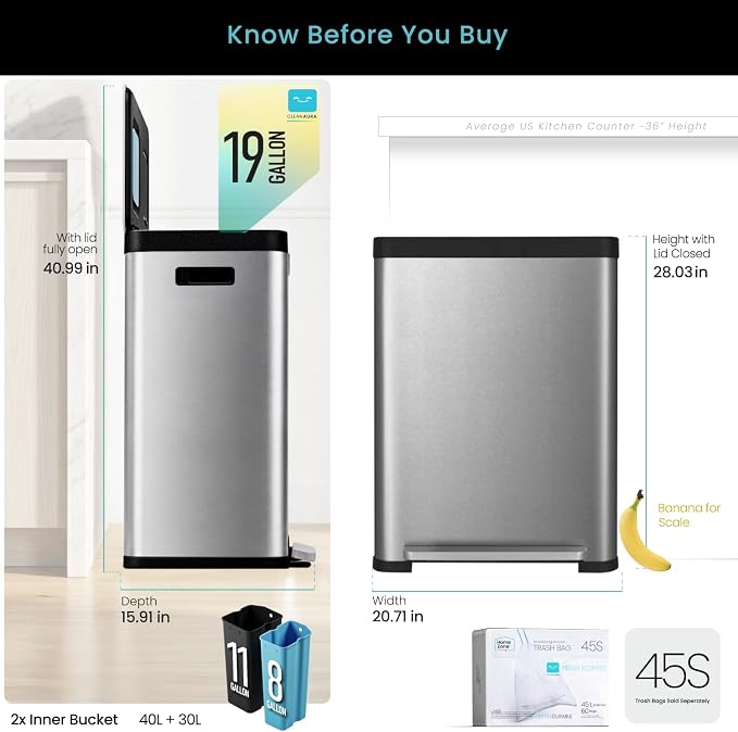 Home Zone Living 19 Gallon Kitchen Trash Can with Dual Compartments | Stainless Steel with CleanAura Odor Control, Soft-Close Step Pedal Lid and Recycling Flap for Quick Disposal, Silver