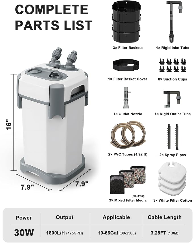 1800L/H Performance Ultra-Quiet Canister Filters for Aquarium, Multiple Bio-Function External Fish Tank Filter with Self-Priming and 3-Way Flow Control Water Circulation Cleaning Machine for 10-66Gal