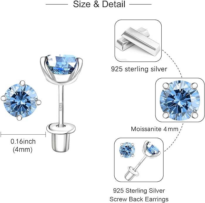Moissanite Screw Back Earrings Studs - 0.2CT-4CT Moissanite Earrings for Women 925 Sterling Silver Piercing Real Colorful Moissan Hypoallergenic Jewelry Ear Stud Gifts