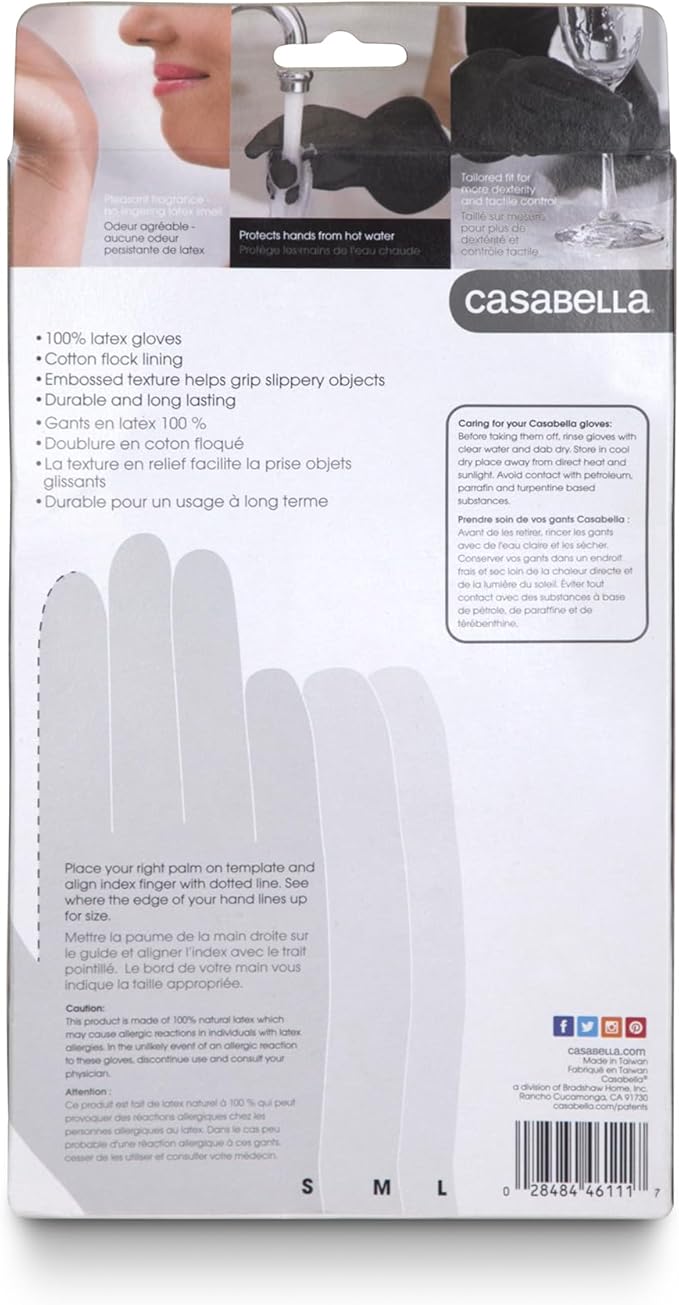 Casabella Premium Waterblock Latex Cleaning Gloves with Tapered Fit & Double Cuff, Breathable - Black - 6 Pack