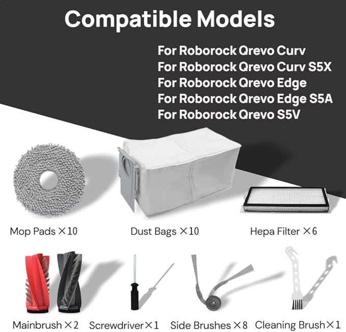 40 Pack Replacement Accessories for Roborock Qrevo Curv/Curv S5X/Edge/S5V Robot Vacuum Cleaner ,2 Pairs Mainbrush ,6 Filters ,10 Dust Bags,10 Mop Pads ,8 Side Brushes,2 Cleaning Brush,1 Screwdriver