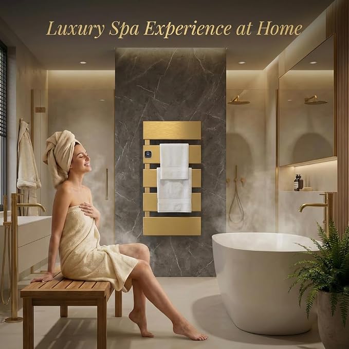 L Series Electric Towel Warmer for Bathroom, 5 Panel, Gold | Thermo Control and Timer, Fast Heat in 3 Mins, Dry Towels in 4 hrs, Memory Function, Work with Smart Plug, Left-Wiring
