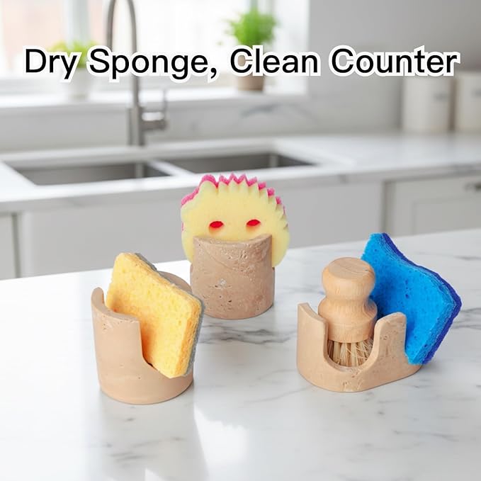 Natural Travertine Stone Sponge Holder, Compact Upright Sink Organizer for Kitchen & Bathroom Countertops, Porous Stone Design Supports Everyday Drying, Minimal Decor, Beige