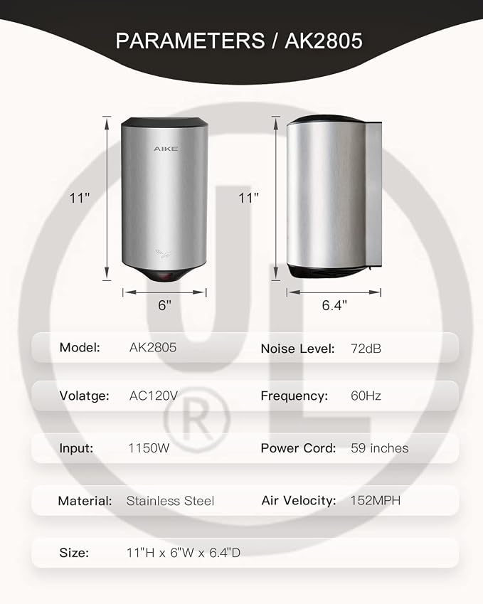 AIKE Air Focus Compact Hand Dryer UL Listed 120V 1350W Brush Stainless Steel Finish