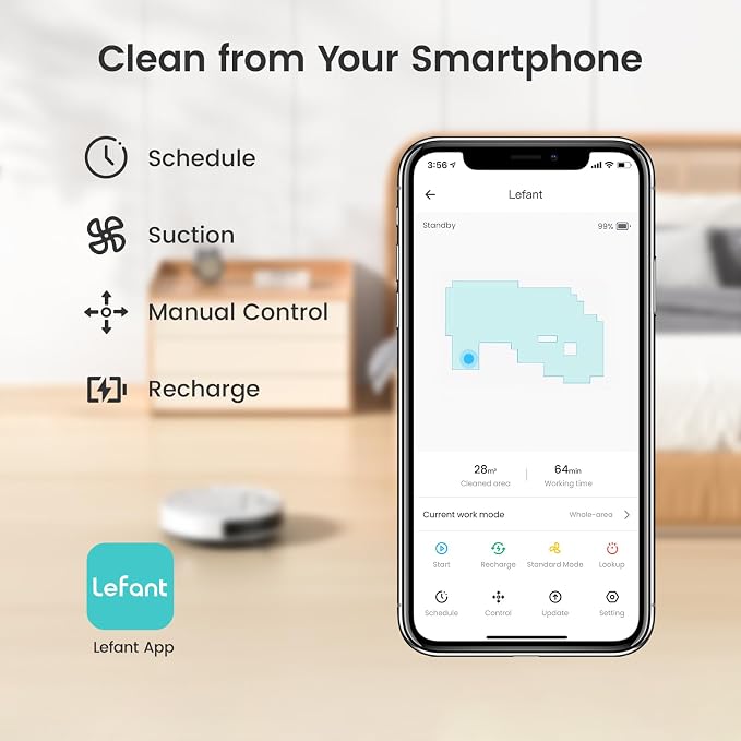 Lefant M210 Pro Robot Vacuum with 2200 Pa Powerful Suction, 6 Cleaning Modes, 120 Mins Runtime, Quiet, Self-Charging, Voice Control, Ideal for Pet Hair and Hard Floor, White
