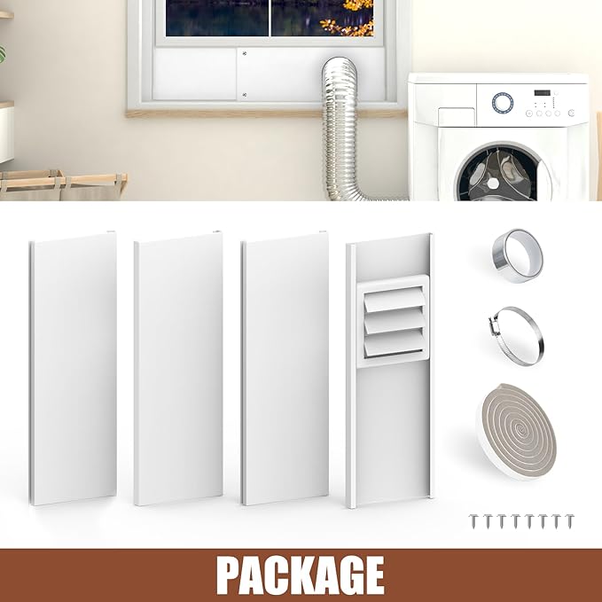 BJADE'S Dryer Vent Window Kit for 4" Dryer Vent Hose with Outdoor Dryer Vent Cover,Window Seal Plates Kit for Sliding and Hung Windows.Adjustable Length Panels Up to 63 Inches.
