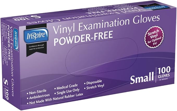 Inspire Medical Exam Gloves | Powder Free Stretch Vinyl Gloves | Disposable Latex Free Gloves | Disposable Food Safe Food Prep Cooking Gloves