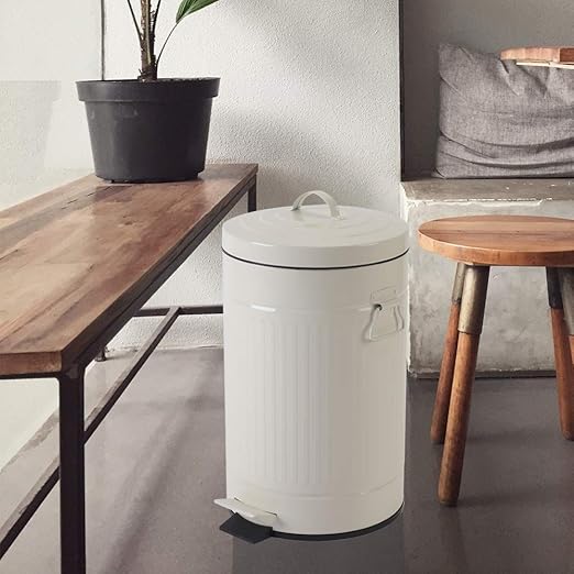 White Trash Can with Lid, Bathroom Bedroom Waste Basket Soft Close, Small White Garbage Can, Retro Vintage Home Office Trash Can, 12 Liter/3 Gallon, Glossy Cream White