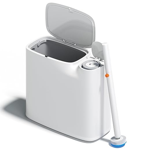 CTIME Bathroom Trash can Set, 2 Gallon White Small Trash Can with Lid, Disposable Toilet Brush, Storage Caddy and 12 Refills, Slim Garbage Can for Bathroom, RV