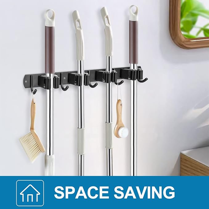 IMILLET Plastic Mop and Broom Holder 2Pack, Stainless Steel Broom Holder 1 Pack Black