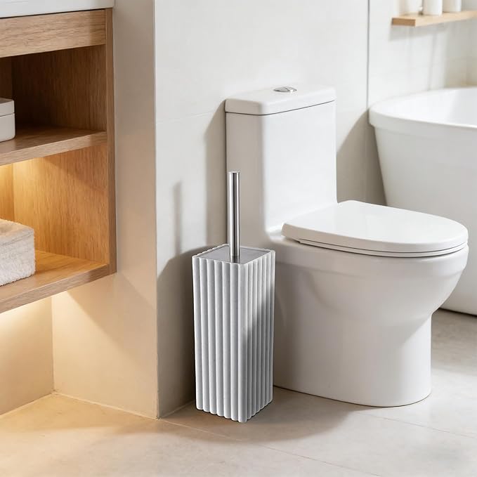 White Toilet Bowl Brush and Holder for Bathroom,Resin Toilet Brush and Holder Set with Stainless Steel Handle,Deep Cleaning Modern Toilet Cleaner Brush -Space Saving, Covered Brush