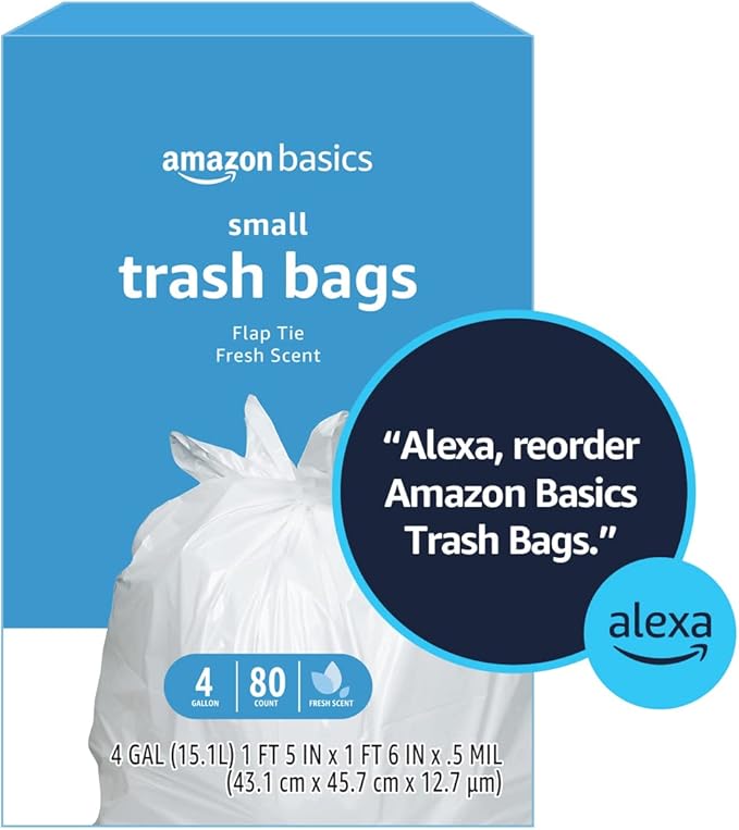Amazon Basics Trash Bags, 4 Gallon, 80 Count (Pack of 3) | Flap Ties | Fresh Scent