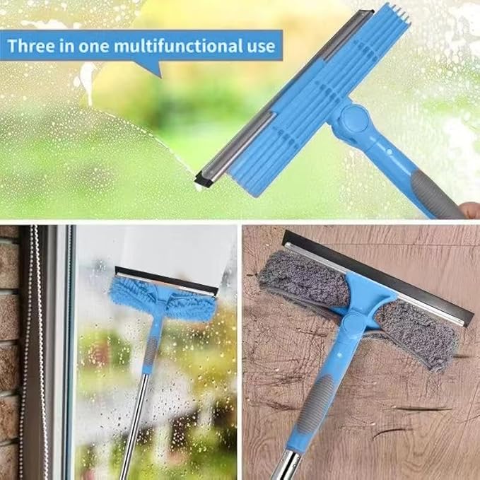 Window Squeegee Cleaner Kit - 2-in-1 Rotatable Window Cleaning Tool with Extension Pole, Professional Streak-Free Squeegee with Bendable Head for Indoor/Outdoor Windows & Car Glass (Blue, 38.45FT)