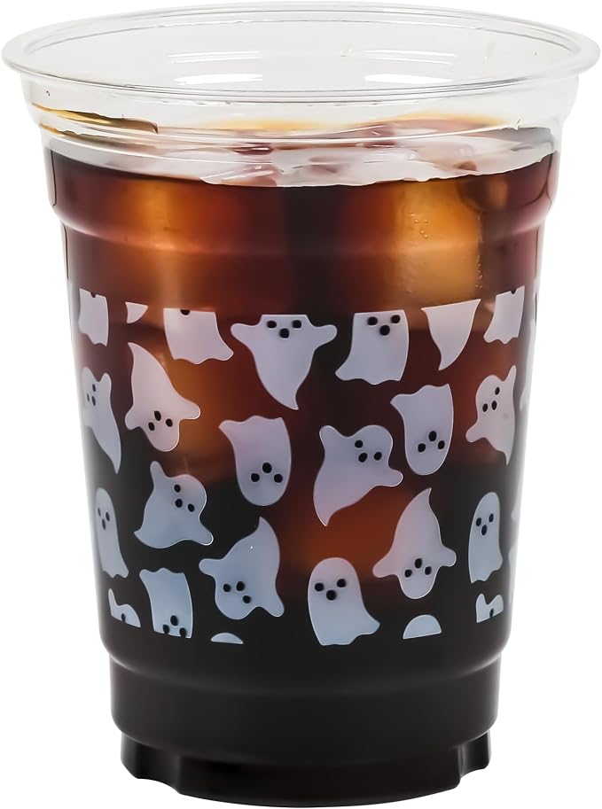 AimFun 50Pcs Summer Halloween Ghosts 12oz Clear Plastic Cups | White Black Ghosts, Disposable Party Cup, Summerween ,Cute Boo Spooky, for Candy Beverage Snacks Birthday Baby Shower