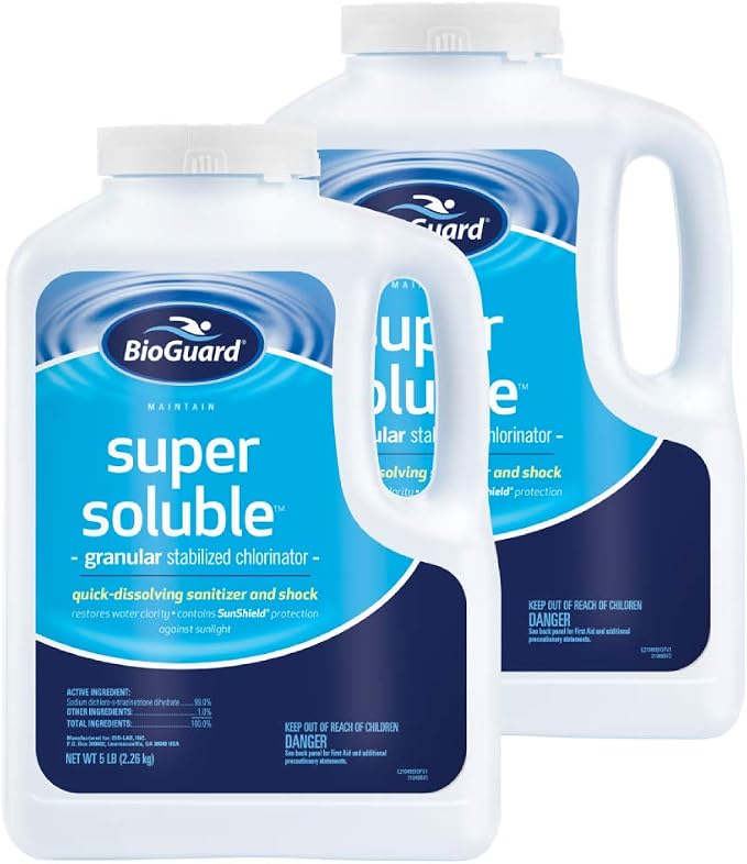 BioGuard Super Soluble Chlorine, 5 lb, 2 Pack | Granular Stabilized Chlorinator, Quick-Dissolving, Restores Water Clarity & Contains Sunshield Protection