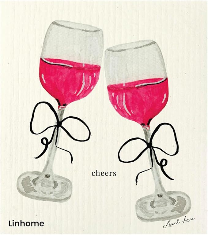 Christmas Holiday Swedish Dishcloth, Cocktail Collection, Reusable Paper Towel, Super Absorbent Cellulose Sponge, Washable Kitchen Cleaning Cloth (Cocktail Red Wine Cheers - 1 Pack)