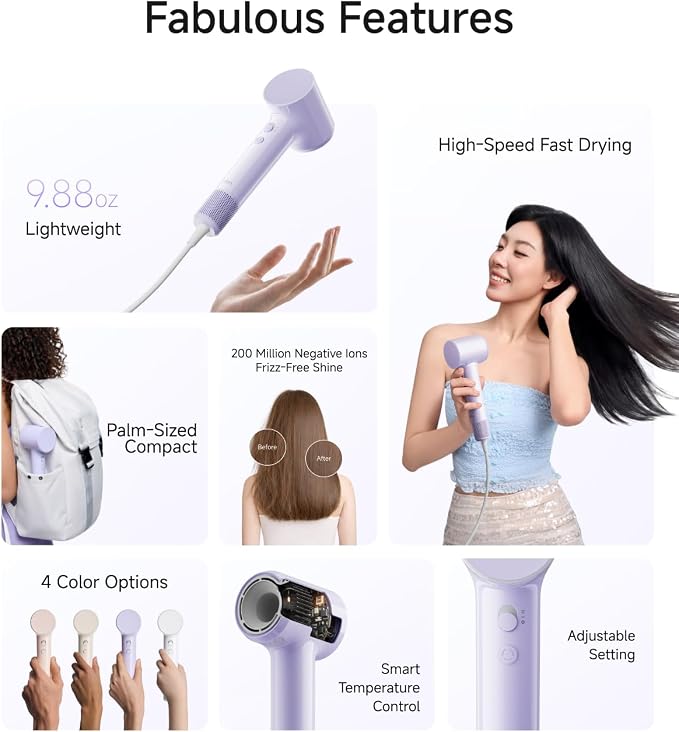 Laifen Air Hair Dryer, Lightweight and Palm-Sized Compact, 15× High-Speed Drying with 110, 000 RPM Powerful Motor, Smart Temperature Control, 200 Million Negative Ions, 5 Modes & 2 Airspeeds, Purple