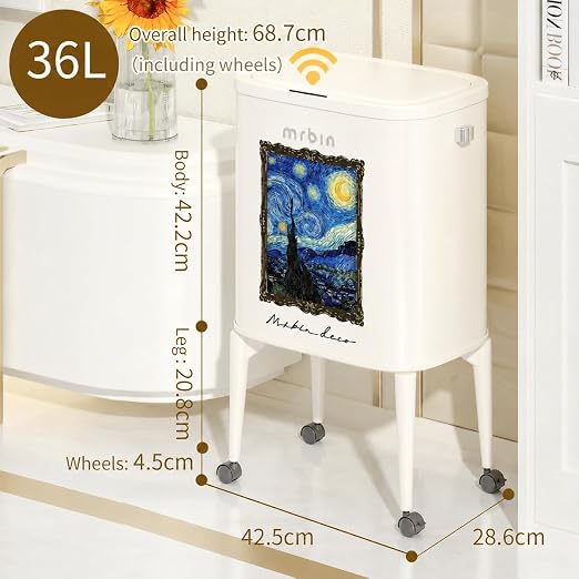 MRBIN Metal Motion Sensor Kitchen Trash Can with Wheel Legs, 36L / 9.5gal Medium Press Lid Slim Waste Basket. Narrow Garbage Pail for Vanity, Living Room, Bathroom, Bedroom, Starry Night