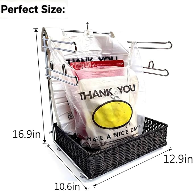 Store shopping plastic bag holder storage basket , chrome plated metal convenient holder for easy storage - suitable for 11 1/2 "W x 6" D x 21 "H bag - compact unit, 13" W x 11 "L x 17" H