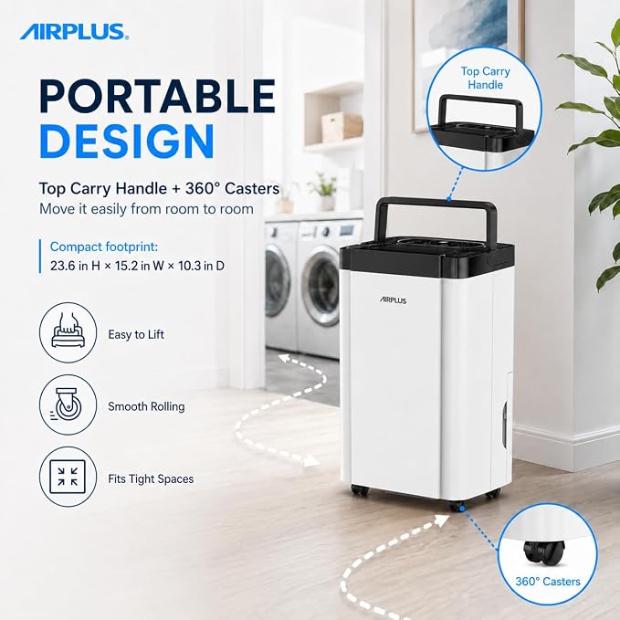 AIRPLUS 5000 Sq. Ft Dehumidifier for Home and Basement, 80 Pint Portable Dehumidifiers with Drain Hose for Large Room, Quiet Sleep Mode Dehumidifier for Bedroom, RV De humidifier for Inside Camper