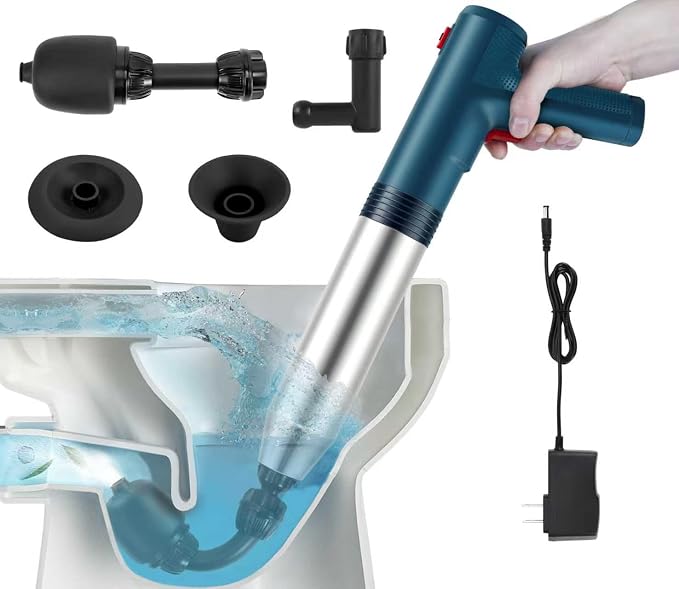 Electric Toilet Plunger High Pressure Electric Air Drain Blaster Gun with Visual Barometer,Air Power Plunger for Bathroom,Kitchen Bathtub Toilet Floor Drain Clog Remover-Blue