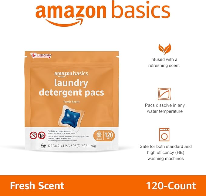 Amazon Basics Laundry Detergent Pacs, Fresh Scent, HE Compatible, Dissolves in Cold Water, 120 Count