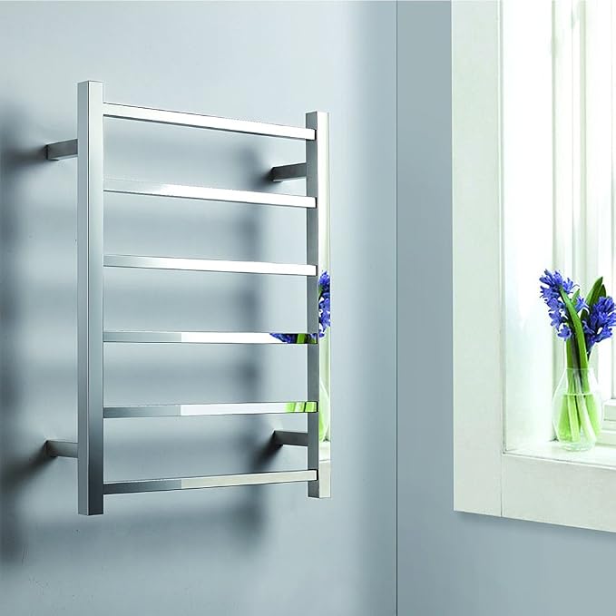 Towel Warmer Polished Chrome for Bathroom Wall Mounted Bath Towel Heater Plug-in Square 6 Bars Drying Rack Stainless Steel Electric Heated Towel Rack ETW13 68W 26.77x20.47x4.13 inches