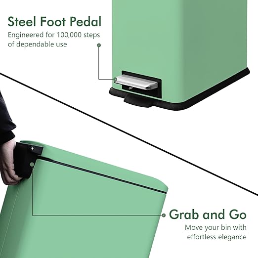 5 Liter / 1.3 Gallon Trash Can with Removable Liner, Soft Close lid & Step Pedal, Stainless Steel Trash Bin for Bathroom,Bedroom,Home Office,Green