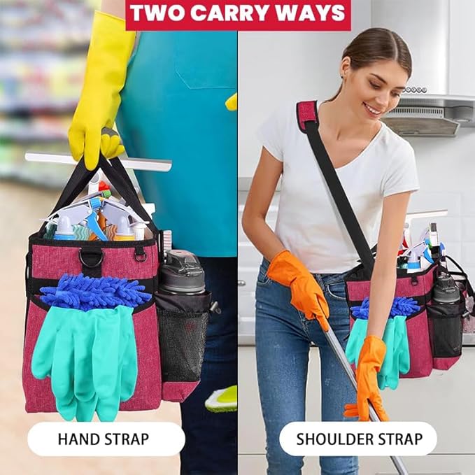 Wearable Cleaning Caddy Bag,Cleaning Supply Tote for Cleaning Supplies, Cleaning Organizer with Adjustable Shoulder and Waist Straps for Cleaners & Housekeepers (Increased Rose Red, Plus)