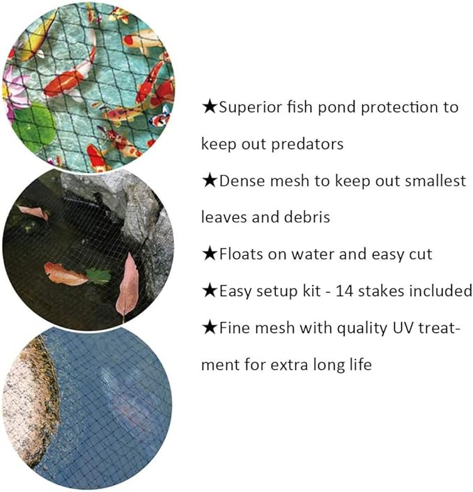 28x30ft Pond Netting for Leaves Leaf Net Cover Pond Net with Small Fine Mesh Protecting Koi Fish from Birds Cats Stakes Included