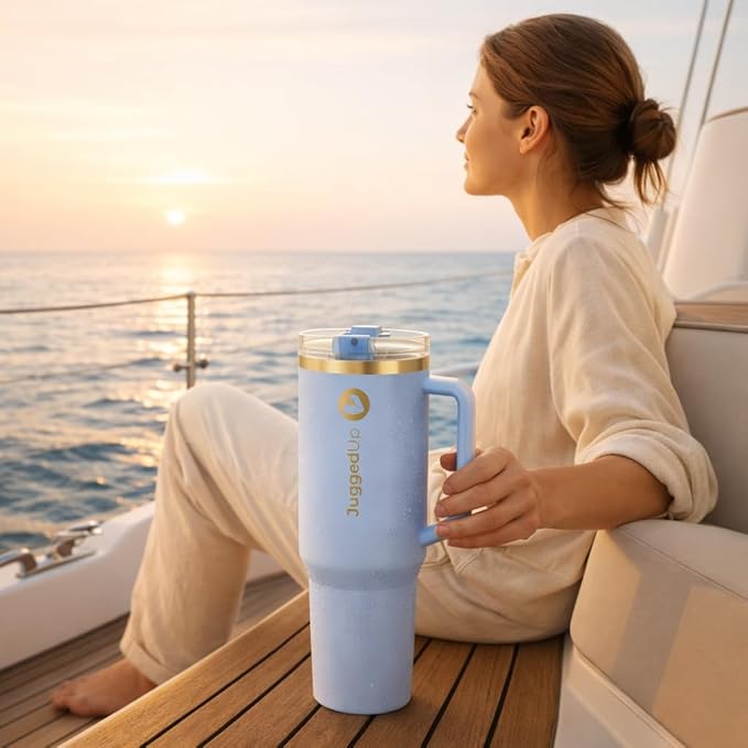 Hydra 40oz Insulated Stainless Steel Tumbler with Handle & Flip Straw Lid – Leak Proof Vacuum Travel Mug, Cup Holder Compatible, BPA Free – Sky Gold