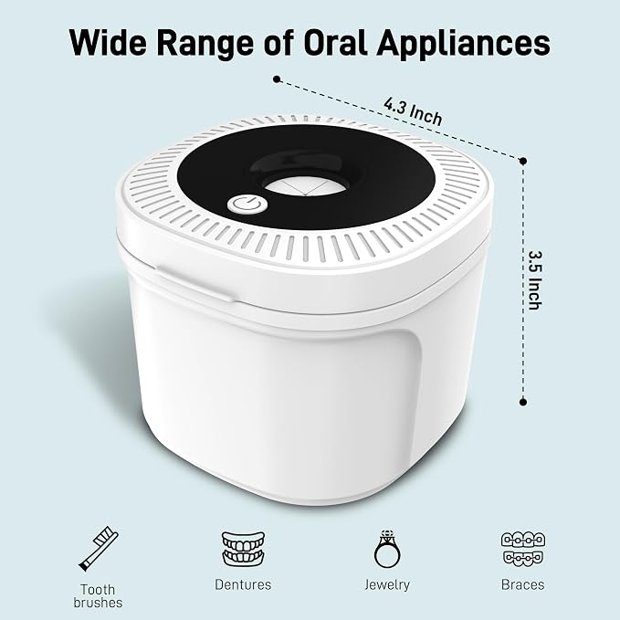 Ultrasonic Retainer Cleaner, Dental Cleaning Pod with U-V Lights, 45kHz Retainer Cleaner Machine for Dentures, Toothbrush Heads, Jewelry, Aligner, Night Mouth Guards (White)
