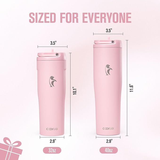 Coolflask Water Bottle 32 oz Fits Car Cup Holder, Slim Tumbler Stainless Steel with Straw & Handle, Vacuum Flask Leakproof Wide Mouth for Travel Sports Gym, Pink