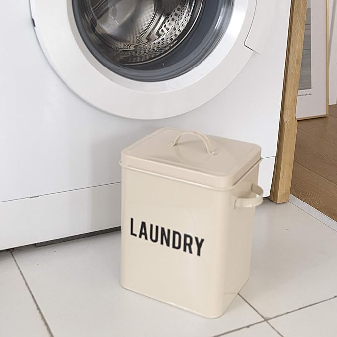 LA JOLIE MUSE Laundry Detergent Powder Storage Tin Box, Farmhouse Laundry Room Decor, 9 Inch High, Cream