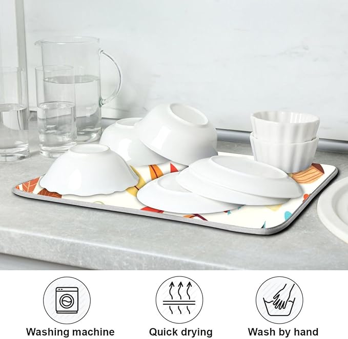 Absorbent Dish Drying Mat Autumn Pumpkins Fall Leaves Kitchen Counter Mat Protector,Reversible,Extra Large 24 x 18 Inches