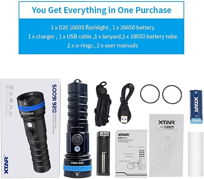 XTAR D26 1600 Lumen Scuba Diving Flashlight Dive Torch Underwater 100 Meters Submarine Lights for Under Water Deep Sea Cave at Night (Full Set)