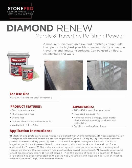 Diamond Renew Polishing Powder - Diamond Abrasive for Marble, Travertine & Limestone - Professional Grade - Restores & Enhances Shine - Easy to Use (1 lb)