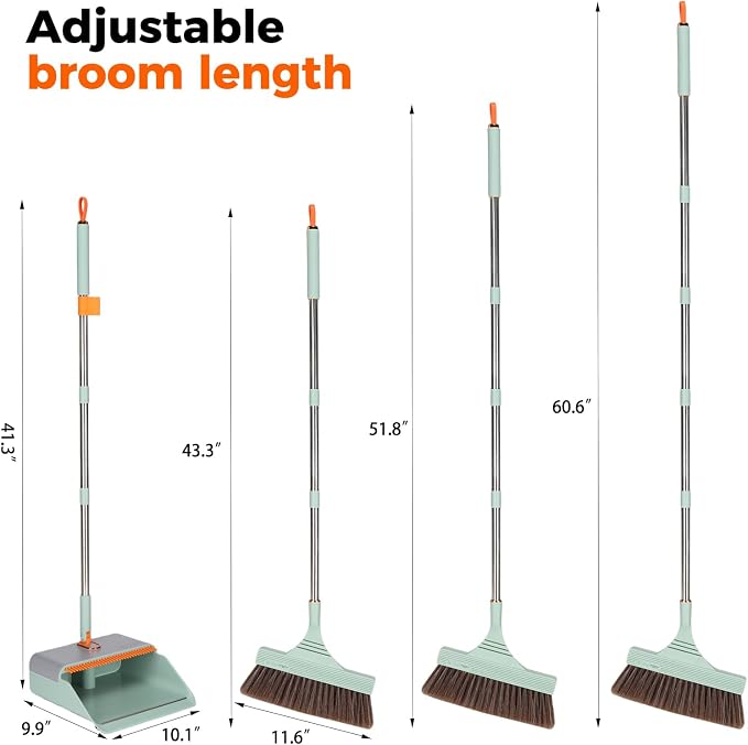 Broom and Dustpan Set with Adjustable Handle, Upright Design, Built-in Comb Teeth, Mint Green, for Home Office Hardwood Floors Pet Hair (Green/Gray)