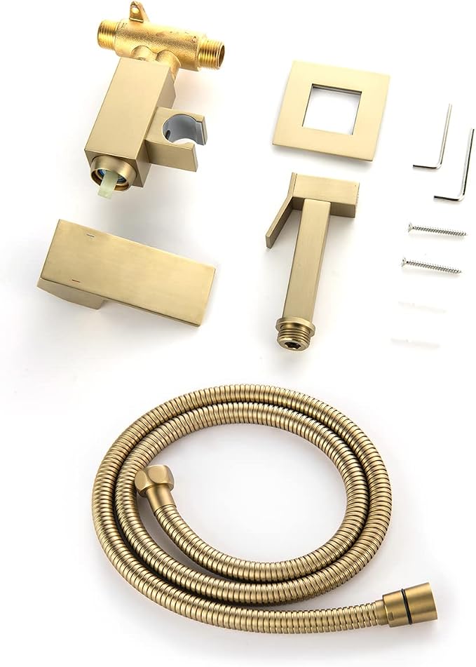 Handheld Bidet Sprayer Head Warm Water Mixing Kit Brushed Gold Brass | Square Bidet Hand Held Sprayer Shattaf Bathroom Attachment for Toilet with Concealed Hot and Cold Mixing Valve