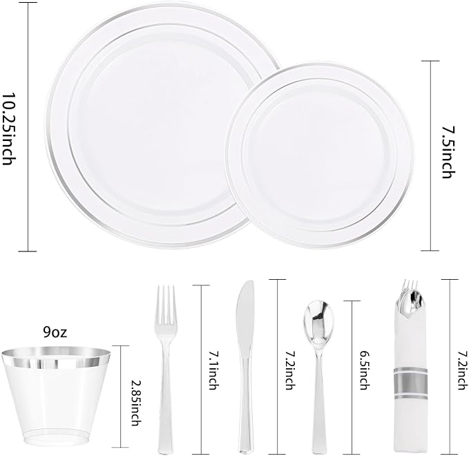 DaYammi 210PCS Silver Plastic Dinnerware Set for 30 Guests, Fancy Disposable Plates for Party, Include: 30 Dinner Plates, 30 Dessert Plates, 30 Pre Rolled Napkins with Silver Silverware, 30 Cups