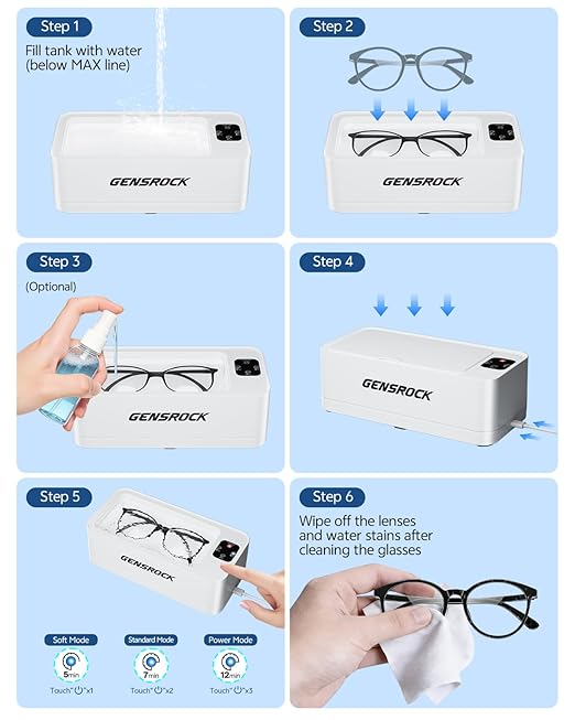 GENSROCK Ultrasonic Jewelry Cleaner, 48kHz Professional Silver Jewelry Cleaner & Diamond Ring Cleaner, 3 Modes, Scratch-Free 360ML Tank, Quiet Sonic Cleaner for Gold, Earrings, Glasses(White)