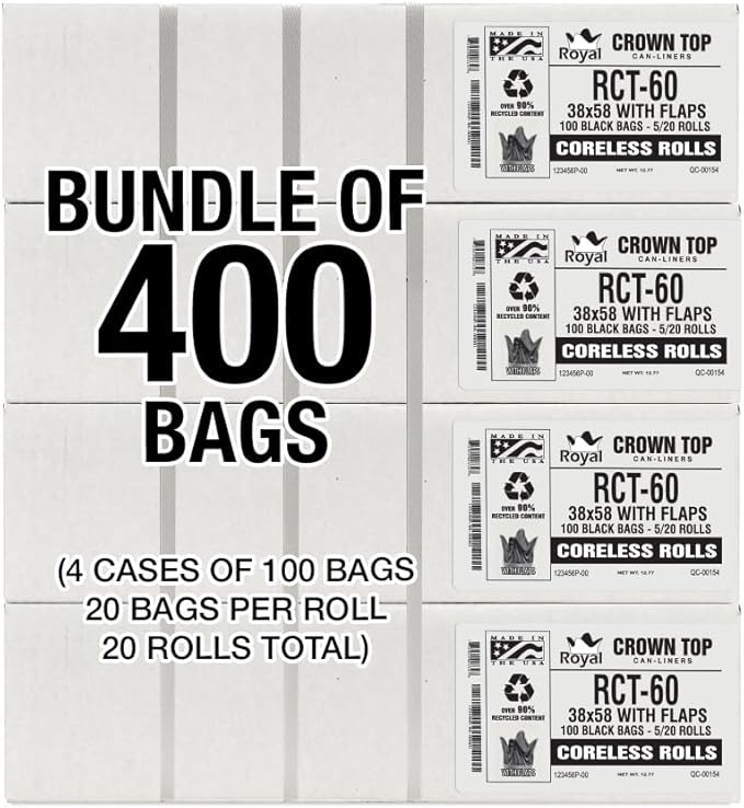 Aluf Plastics RCT-60 Star Sealed Coreless Rolls with E-Z Tie Flap Closure, 60 gal, Polyethylene, 38" x 58", Black (Pack of 400)