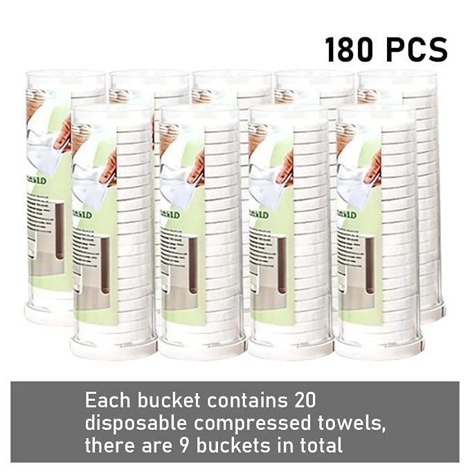 Towel Refills for Hot Face Towel Heater Machine, 180 Pcs Disposable Compressed Face Towels for Smart Towel Warmer, 9 Buckets, 20 Pcs Per Bucket