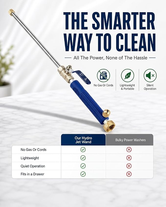 Hydro Jet High Pressure Power Washer Wand for Car Washing or Garden Cleaning, Heavy Duty Metal Watering Sprayer with Universal Hose End, Hydrojet Water Power Nozzle, Fan and Jet Stream