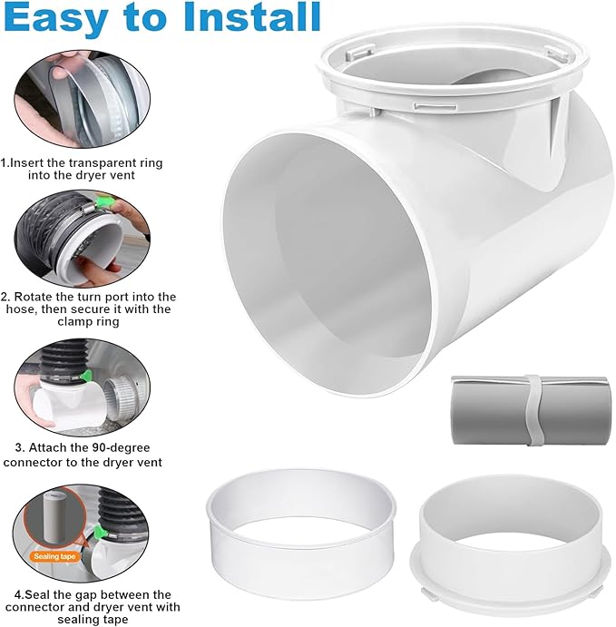 Dryer Lint Trap Indoor Vent Kit, 90 Degree Elbow Metal Lint Catcher Box with Vent Duct Hose Clamps, Sealing Tape, Cleaning Brush & Filter Screens, Space Saving Dryer Vent Connector Set