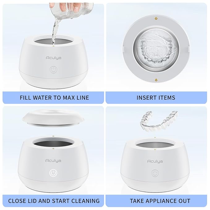 Ultrasonic Retainer Cleaner Machine 48 kHz Denture Cleaner 200ml Dental Cleaner Pod for Aligner Retainer, Jewelry, Night Guard, Brace, White