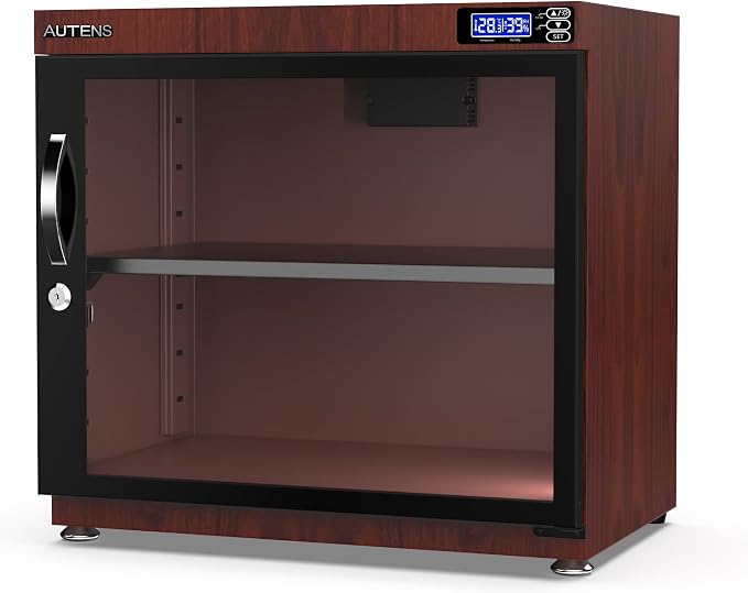 80L Dehumidifying Dry Cabinet Box, Wood grain Design Digital Control Noiseless and Energy Saving, for Camera Lens and Electronic Equipment Storage,Temperature Humidity LED Dual Screen